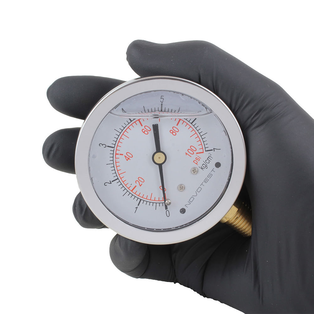 Encontraproduto.com.br - Manômetro Caixa Aço Inox Interno de Latão Glicerinado Ø63mm Classe B Escala Dupla 0 a 7kgf/cm² Rosca 1/4