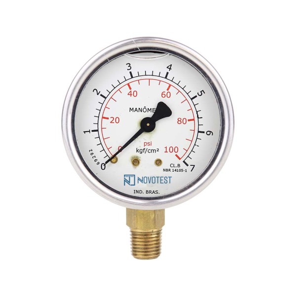 Encontraproduto.com.br - Manômetro caixa aço inox interno latão glicerinado mostrador 63 mm classe B escala simples 0-7 kgf/cm² rosca 1/4 