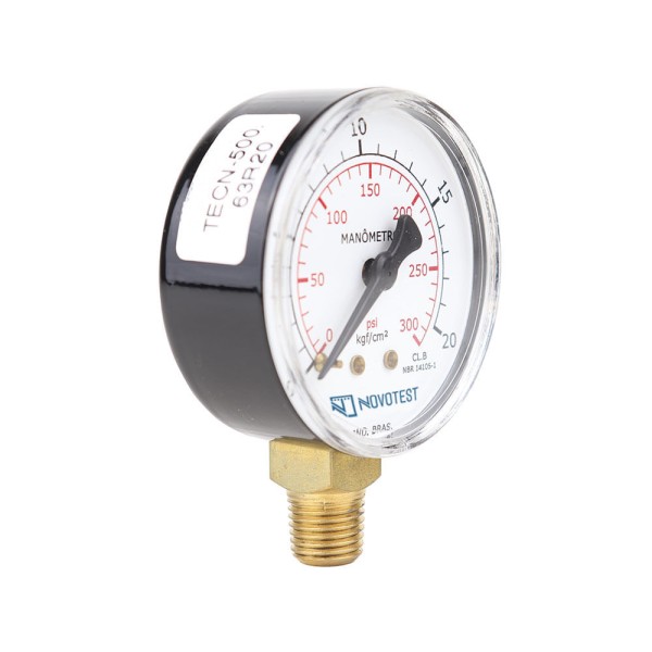Encontraproduto.com.br - Manômetro caixa aço carb int latão ø63 mm 0-20kg/cm²-300psi 1/4 NPT reto Novotest.br TECN-500.63R20