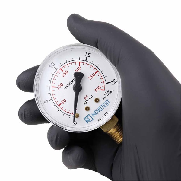 Encontraproduto.com.br - Manômetro caixa aço carb int latão ø63 mm 0-20kg/cm²-300psi 1/4 NPT reto Novotest.br TECN-500.63R20
