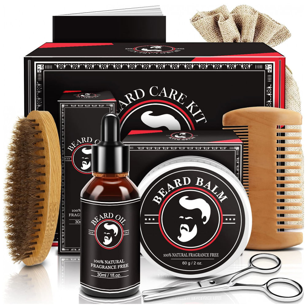 Kit para Barba Profissional Portátil com Cera, Óleo, Tesoura e Pente, 5 Itens, ABUDICS, Preto
