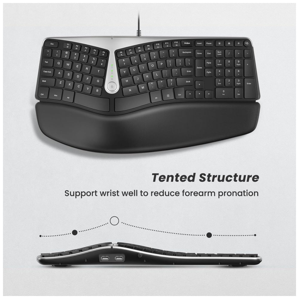Encontraproduto.com.br - Teclado Ergonômico Dividido com Fio Recarregável Reduz a Tensão das Mãos com Descanso de Pulso, NULEA, Preto