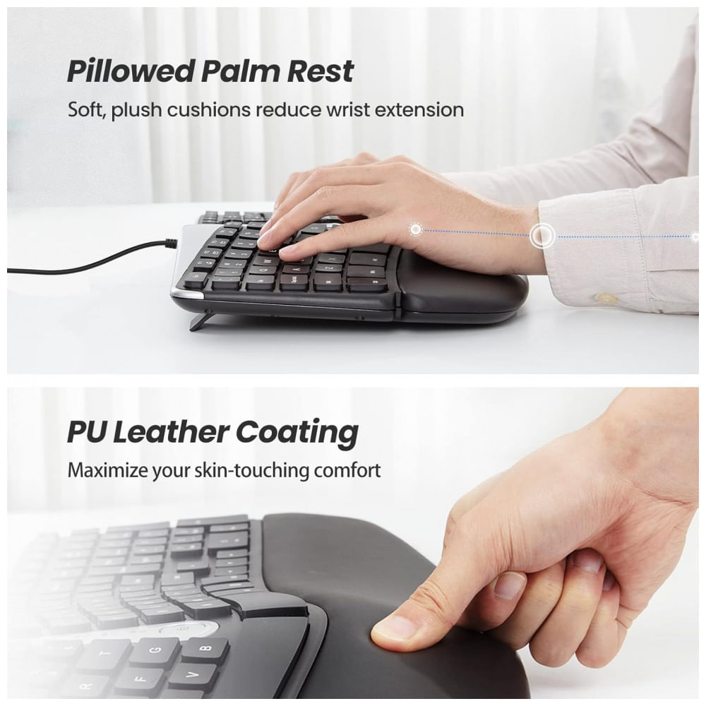 Encontraproduto.com.br - Teclado Ergonômico Dividido com Fio Recarregável Reduz a Tensão das Mãos com Descanso de Pulso, NULEA, Preto