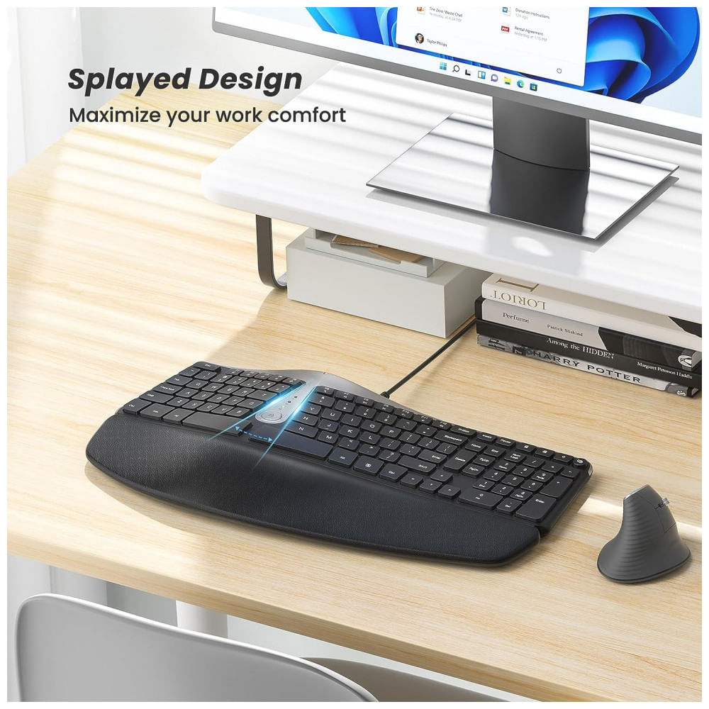 Encontraproduto.com.br - Teclado Ergonômico Dividido com Fio Recarregável Reduz a Tensão das Mãos com Descanso de Pulso, NULEA, Preto