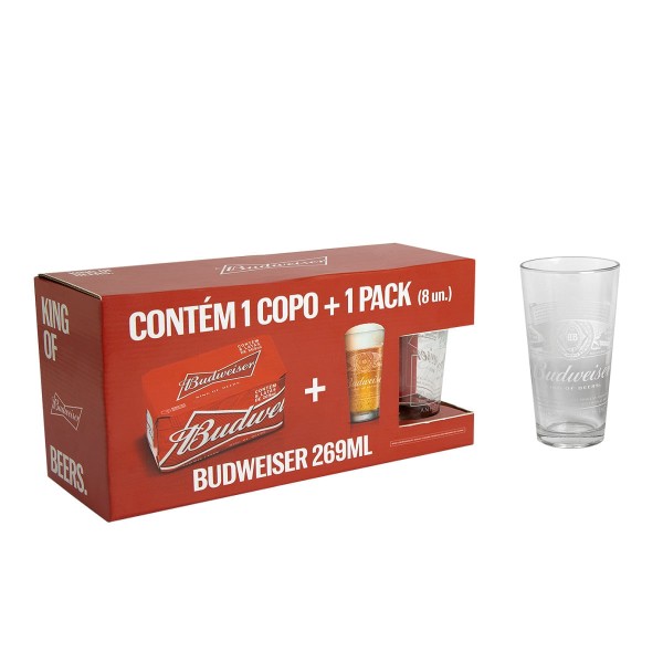 Encontraproduto.com.br - Kit Cerveja Budweiser 269ml Lata Pack C/8 + 1 Copo