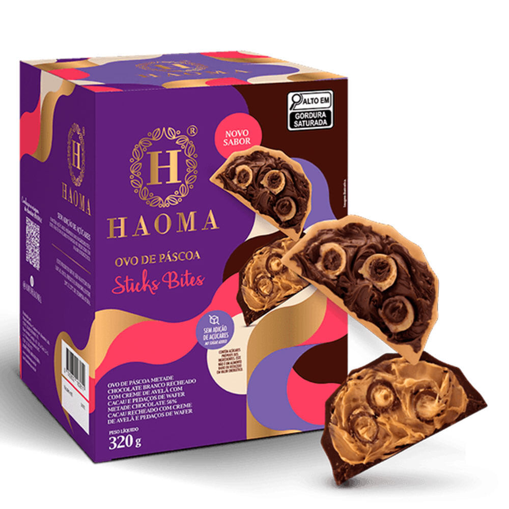 Encontraproduto.com.br - Ovo de Páscoa Metade Chocolate Branco e Metade Chocolate 56% Cacau Recheado com Avelã e Wafer (Sem Açúcar) 320g - Haoma