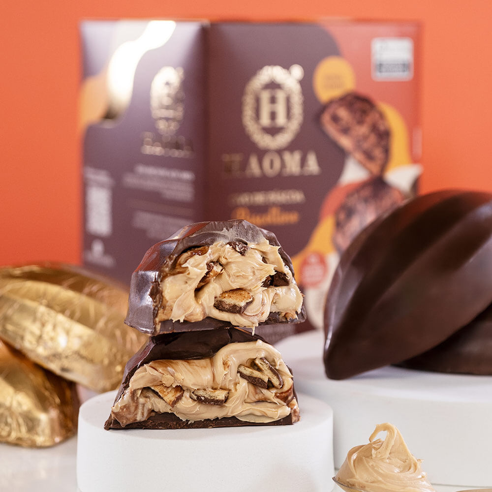 Encontraproduto.com.br - Ovo de Páscoa Chocolate 56% Cacau Recheado com Creme de Caramelo Salgado e Pedaços de Biscoito (Sem Açúcar) 320g - Haoma