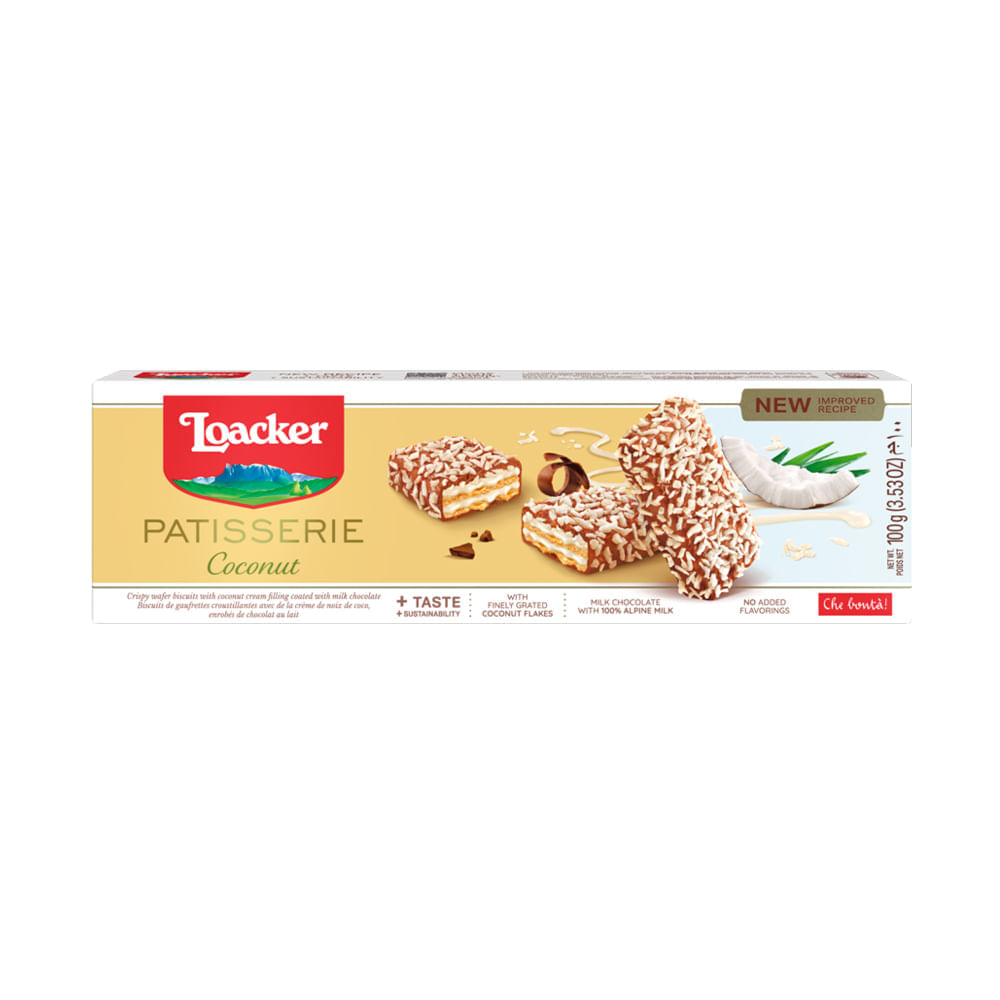 Encontraproduto.com.br - Wafer Recheio Creme de Coco Cobertura Chocolate ao Leite e Coco Ralado Loacker Patisserie Caixa 100g