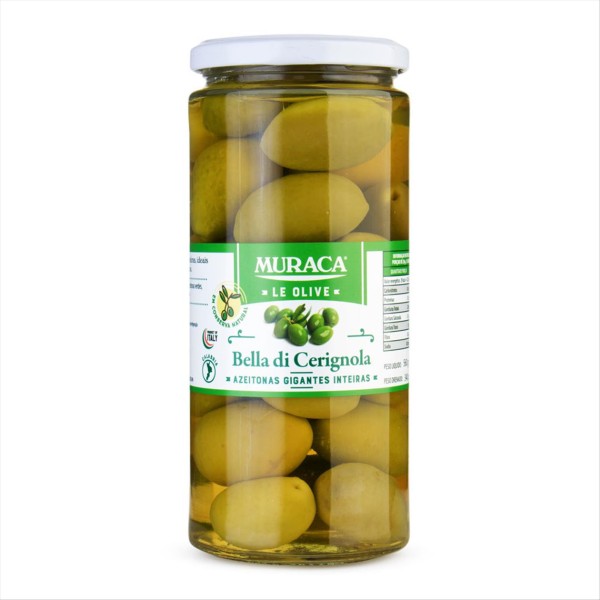 Azeitona Verde Cerignola com Caroço Italiana  Muraca Vidro 340g