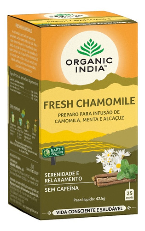 Chá Fresh Chamomile Preparo para Infusão de Camomila Menta e Alcaçuz 25 Sachês Organic India