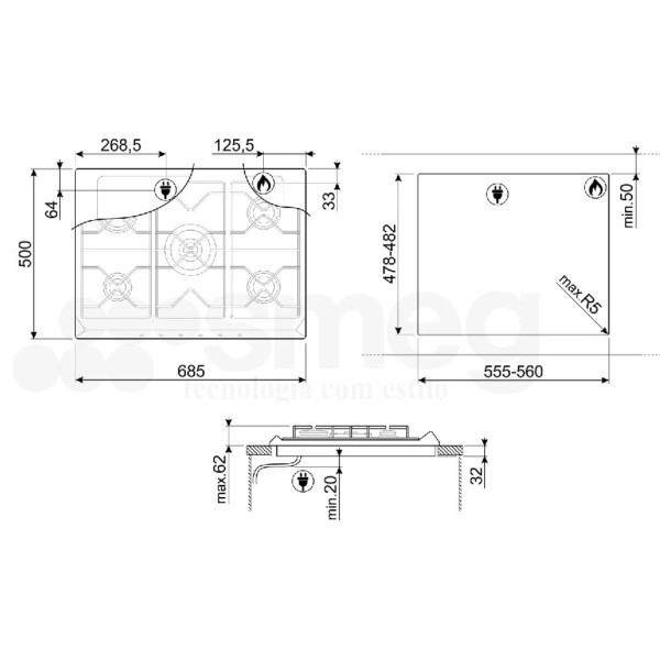 Encontraproduto.com.br - Cooktop a Gás Smeg Semiprofissional Cortina 5Q 75cm Preto 220V SR775AO