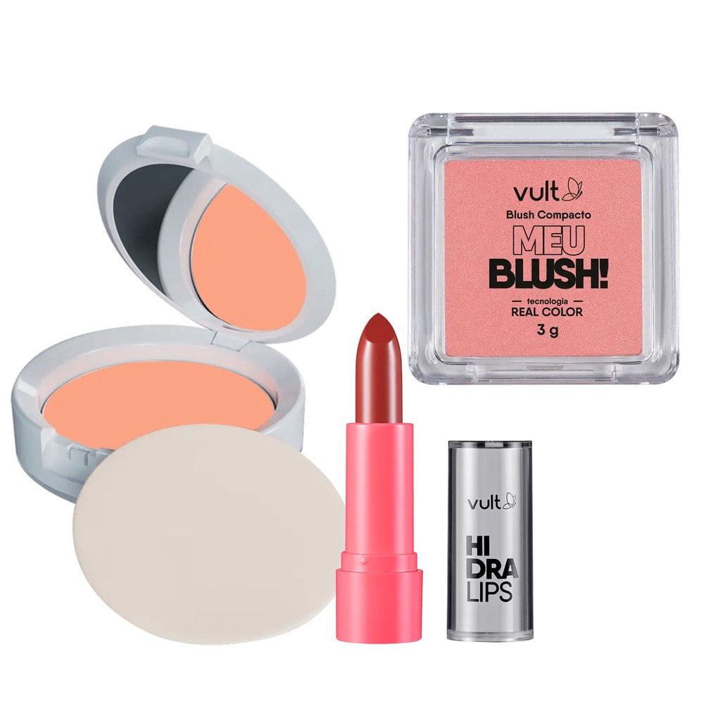Kit maquiagem Vult Pó Compacto Médio 03 FPS 90 + Batom Hidra Lips Cappucino + Blush Compacto Meu Blush Rosa Matte