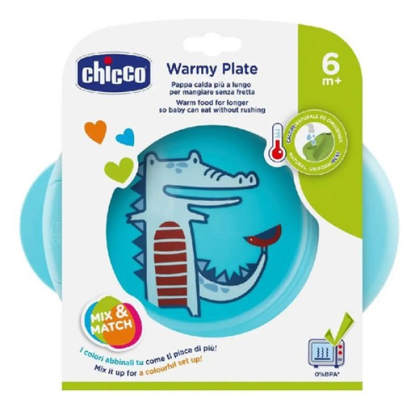 Encontraproduto.com.br - Prato Termico Chicco 6m+ Jacare Azul Warmy Plate
