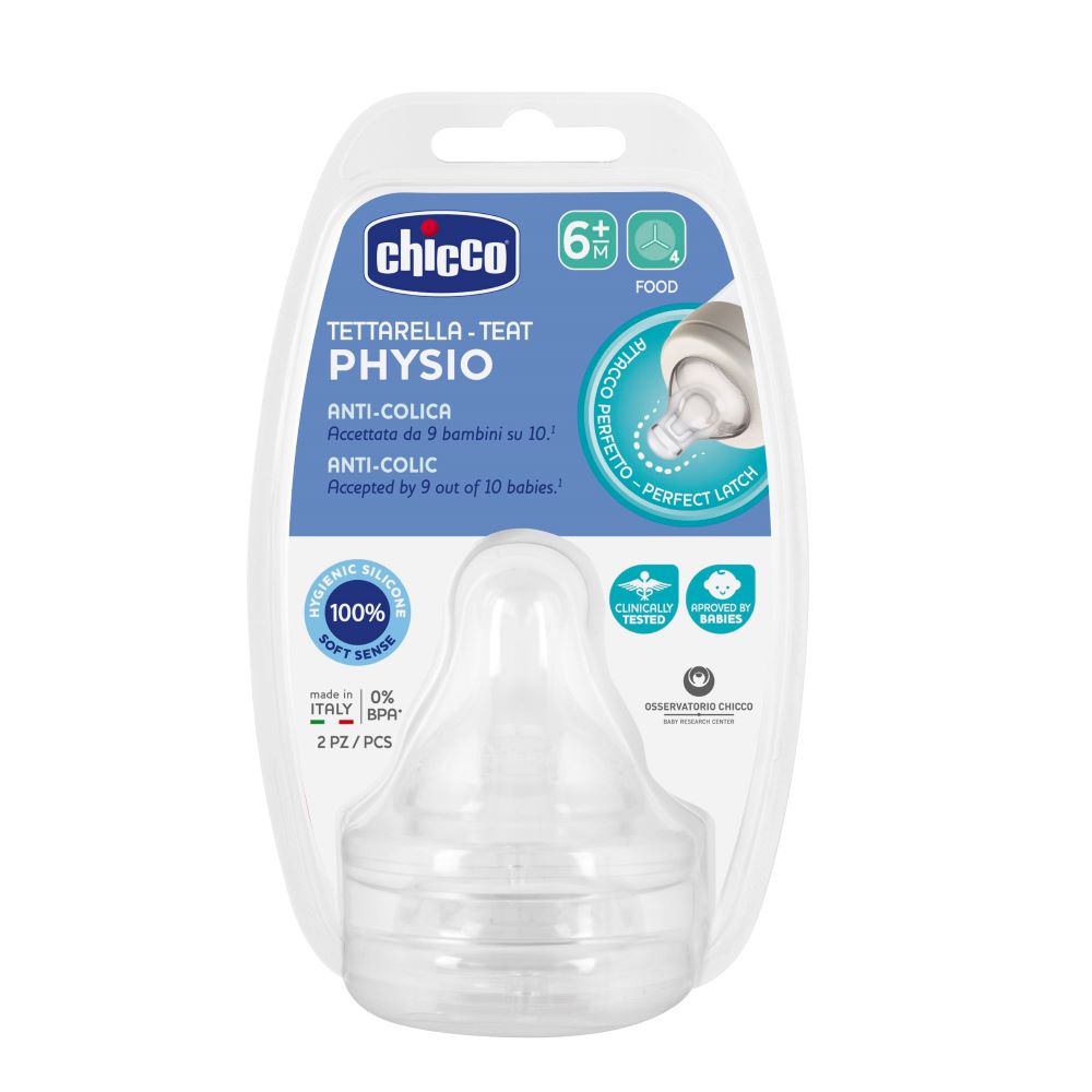 Encontraproduto.com.br - Kit 2 Bico de Mamadeira de Bebê +6 Meses Silicone Válvula Anticólica Fluxo Papa Perfect Chicco