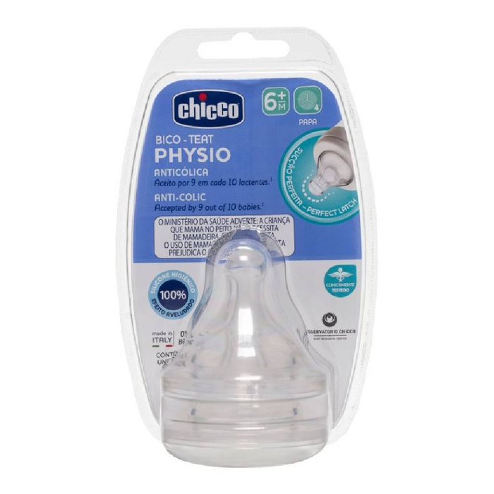 Encontraproduto.com.br - Kit 2 Bico de Mamadeira de Bebê +6 Meses Silicone Válvula Anticólica Fluxo Papa Perfect Chicco