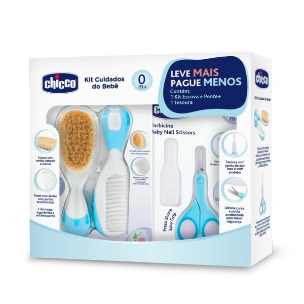 Encontraproduto.com.br - Kit Chicco Cuidados do Bebê Azul Escova 1 Unidade + Pente 1 Unidade + Tesoura 1 Unidade