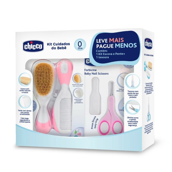 Encontraproduto.com.br - Kit Chicco Cuidado do Bebê Rosa Escova 1 Unidade + Pente 1 Unidade + Tesoura 1 Unidade