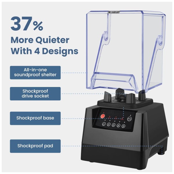 Encontraproduto.com.br - Liquidificador Profissional com Lâminas 4D Autolimpantes, à Prova de Som e 5 Velocidades, 110V 1400W, SYBO, Preto