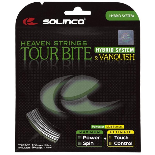 Encontraproduto.com.br - Corda Solinco Tour Bite 17L 1.20mm Prata X Vanquish 16L 1.30mm Natural - Set Individual