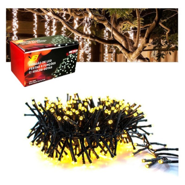 Pisca-Pisca Cordão Gota Fio Verde 100 Leds Morno 8 funcoes 110v