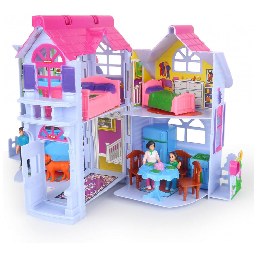 Encontraproduto.com.br - Mini Casa de Bonecas Dobrável com Acessórios e 2 Quartos para Crianças de 3 Anos a 8 Anos, Liberty, Azul