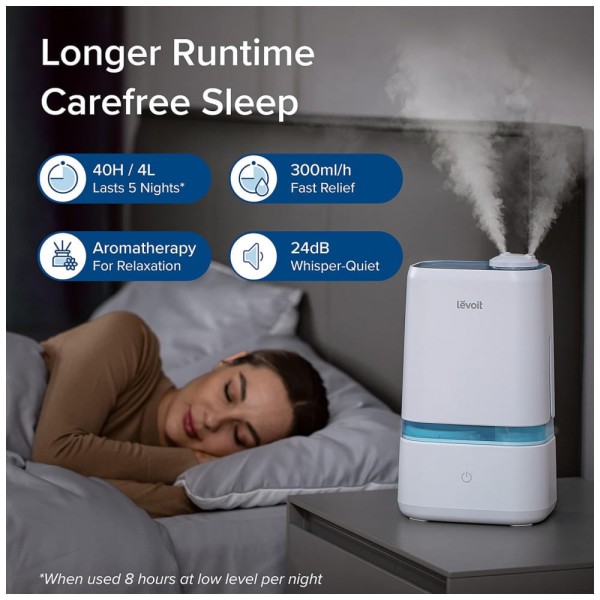 Encontraproduto.com.br - Umidificador Ultrassônico Portátil 4L até 40H, Área até 34 m2, 110v, LEVOIT Last up to 40Hours, Auto Shut Off, Blue, Branco