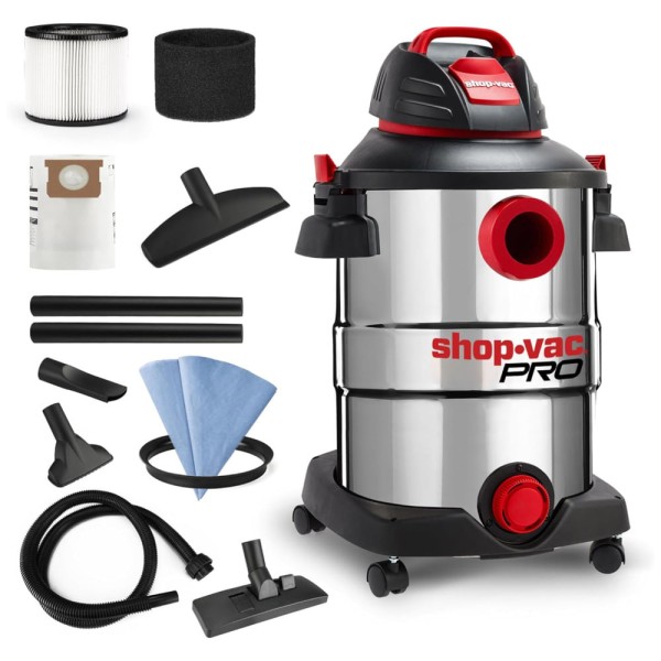 Aspirador de Pó Profissional de 45,48 Litros com Tanque de Aço Inoxidável, Motor de 6 Picos, 110V 1416W, Shop Vac Pro, Prata