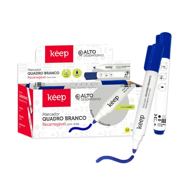 Encontraproduto.com.br - Pincel Marcador de Quadro Branco Recarregável Tinta Azul Caixa c/ 12 Unidades Keep - MR036OUT [Reembalado]
