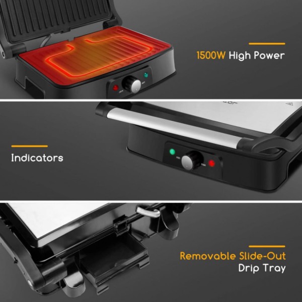 Encontraproduto.com.br - Electric Panini Press Indoor Grill Sandwich Maker, Aigostar 1500 Watts Versatile Grills with Floating H, Removable Drip Tray and 180 Degree Opening