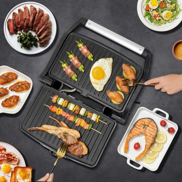 Encontraproduto.com.br - Electric Panini Press Indoor Grill Sandwich Maker, Aigostar 1500 Watts Versatile Grills with Floating H, Removable Drip Tray and 180 Degree Opening