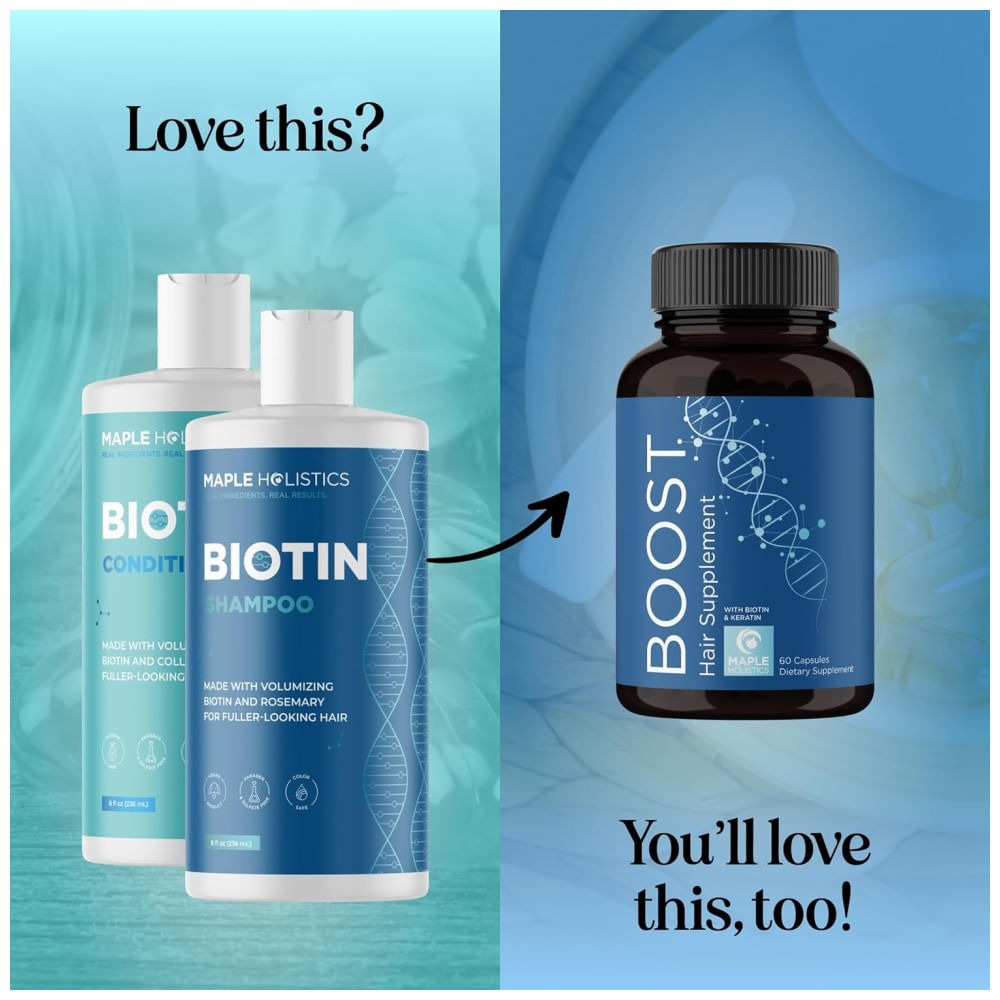 Encontraproduto.com.br - Shampoo e Condicionador de Óleo de Argan e Jojoba Para Tratamento de Queda de Cabelo 236ml, MAPLE HOLISTICS MH Biotin Set 1, Azul Marinho