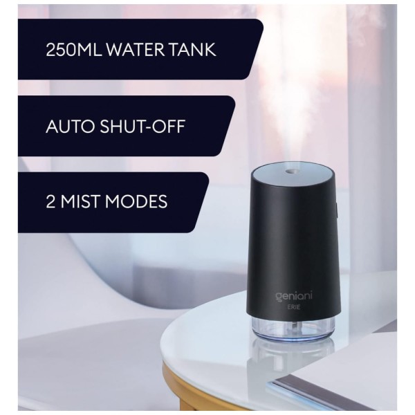 Encontraproduto.com.br - Umidificador 250ML, com Desligamento Automático e Luz Noturna, GENIANI Erie, Preto
