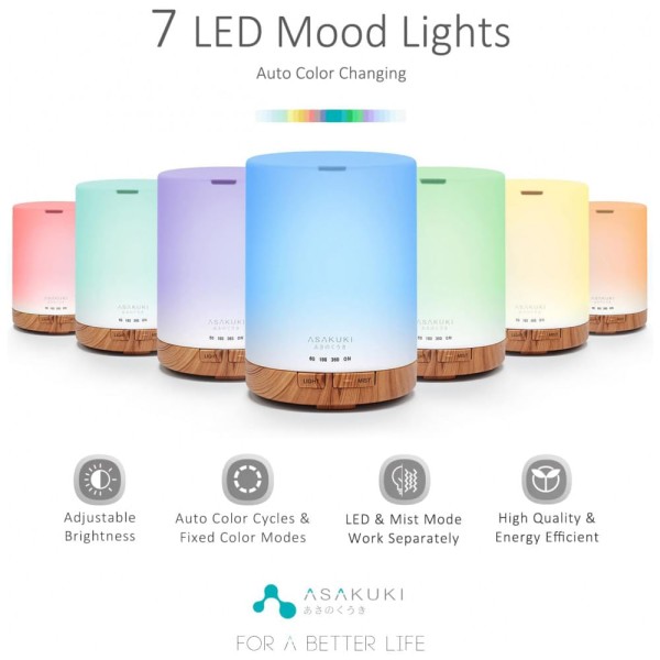 Encontraproduto.com.br - Umidificador Ultrassônico Portátil 0.3L com Aromaterapia e 7 Luzes LED, até 6H, Marron, 110v, ASAKUKI 100 DF033, Marrom claro