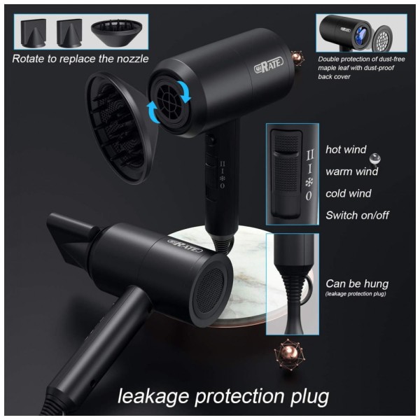 Encontraproduto.com.br - SHRATE Secador de Cabelo Profissional com 3 Temperaturas e 2 Velocidades, 1800W, Preto