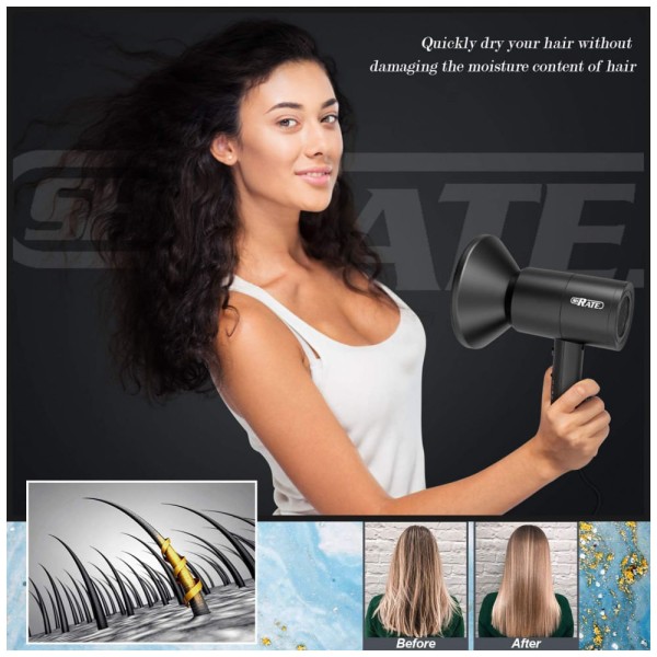 Encontraproduto.com.br - SHRATE Secador de Cabelo Profissional com 3 Temperaturas e 2 Velocidades, 1800W, Preto
