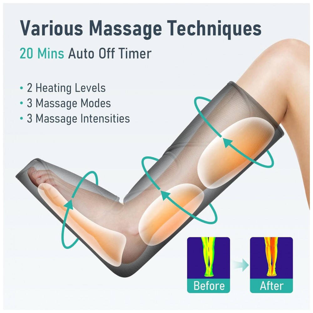 Encontraproduto.com.br - Massageador Elétrico de Compressão para Pernas e Pés com 3 Modos e 3 Intensidades, Bivolt, QUINEAR QN 021A, Cinza