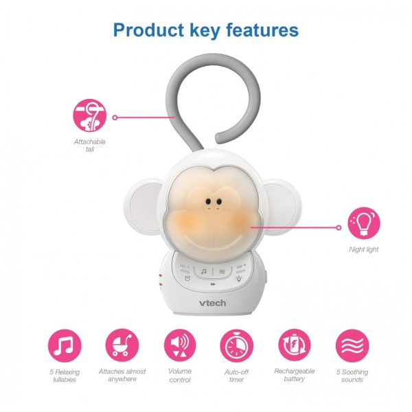 Encontraproduto.com.br - Máquina de Som Ruído para Bebês Recém Nascidos com Luzes, Macaco, VTECH BC8211, Branco
