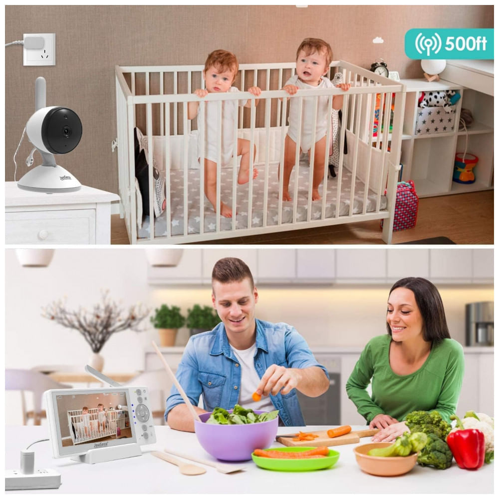 Encontraproduto.com.br - Babá Eletrônica Monitor com 2 Câmera de 10cm HD com Sensor de Choro e Temperatura, Alcance de 304M, JOUSECU B049 2T, Branco