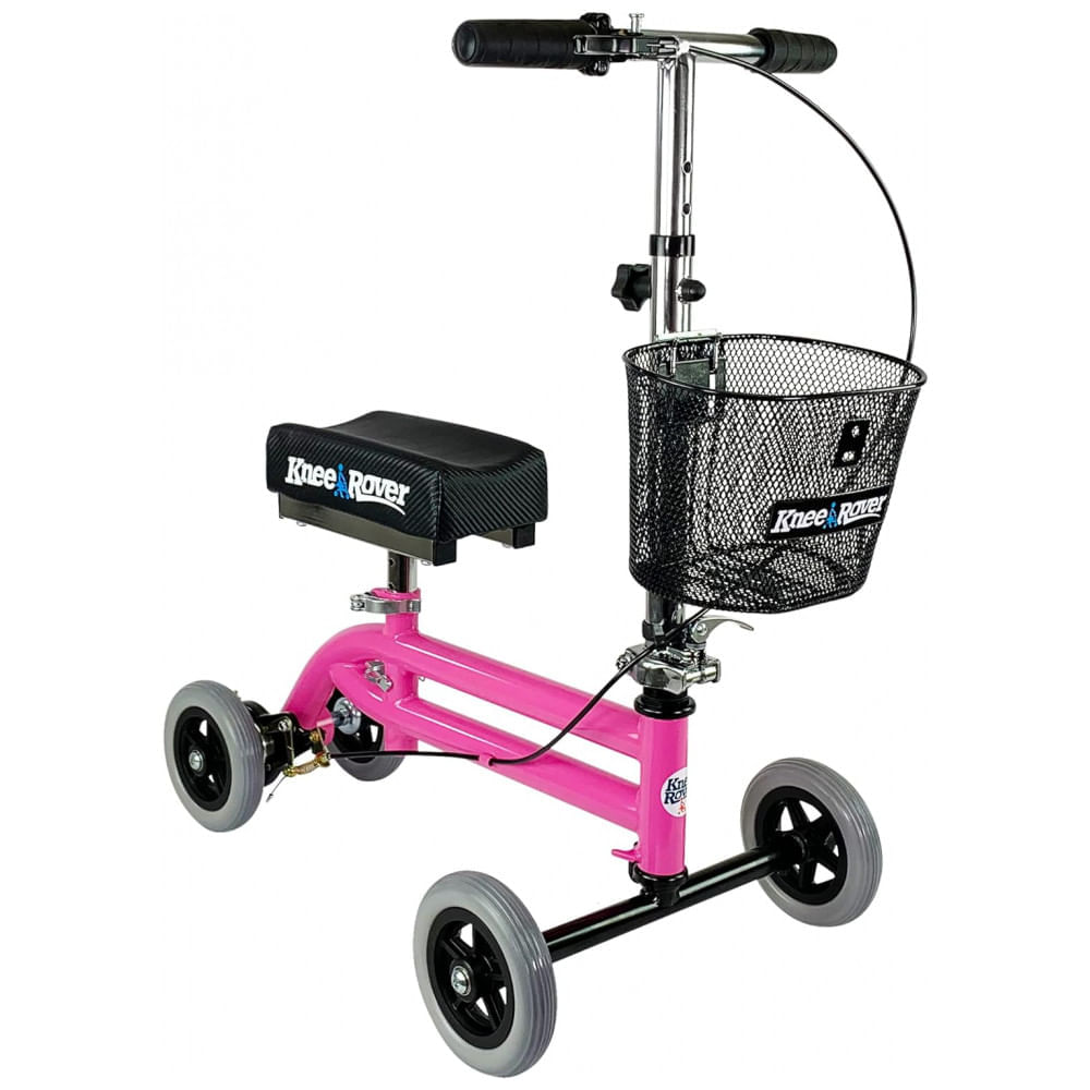 Andador 4 Rodas Dobrável com Cesta e Apoio para Joelho Ideal para Lesões Suporta 72 kg, KNEEROVER, Rosa