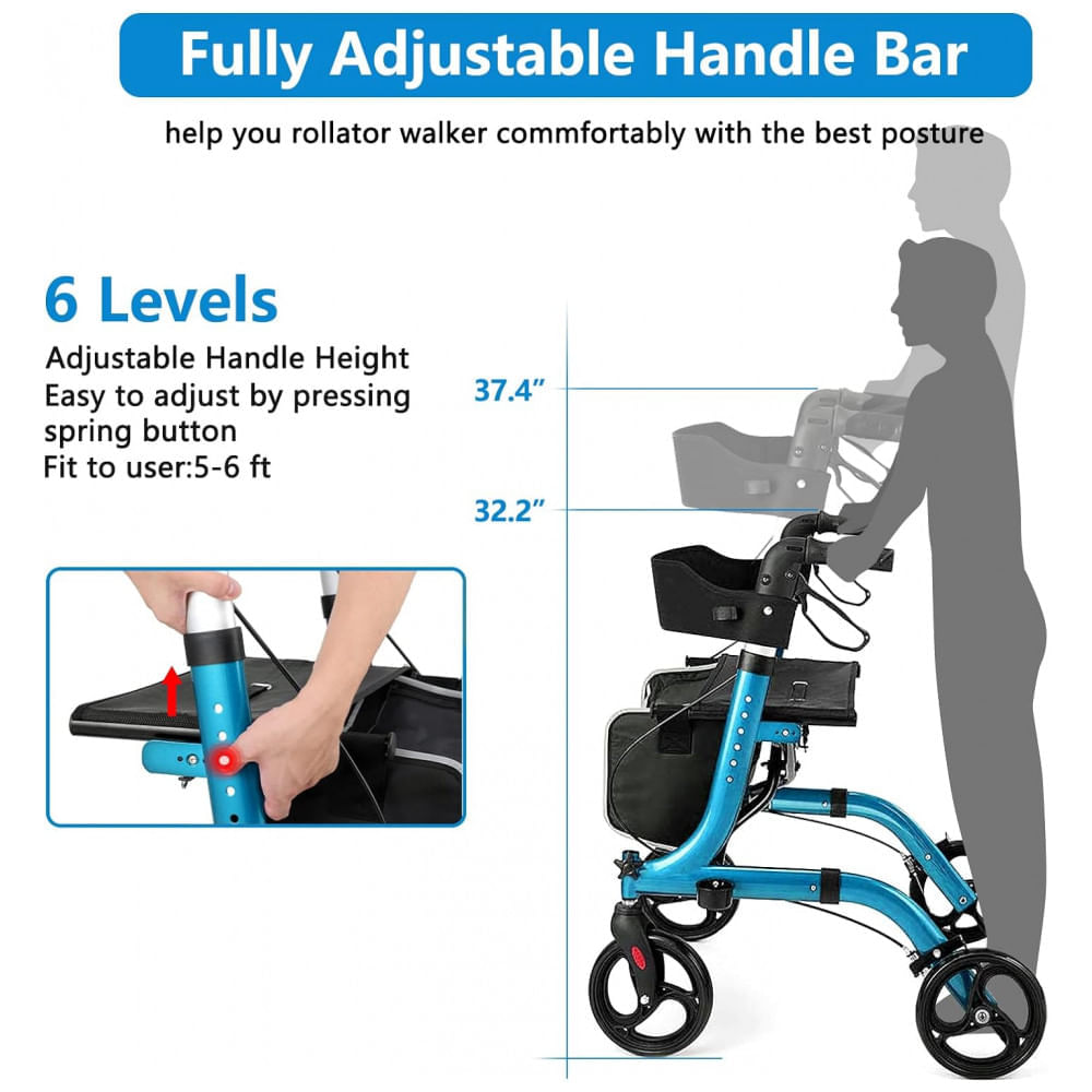 Encontraproduto.com.br - Andador Adulto Idoso com Apoio de Braço, Assento Acolchoado e Cesto, Suporta até 136 kg, HEALCONNEX, Azul