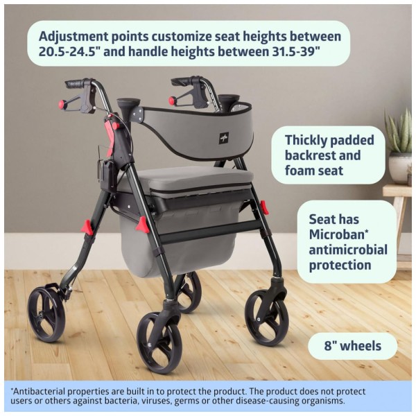 Encontraproduto.com.br - Andador Adulto Idoso com Apoio de Braço, Assento Acolchoado e Cesto, Suporta até 136 kg, MEDLINE MDS86845BK, Cinza