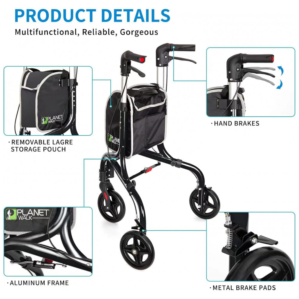 Encontraproduto.com.br - Planetwalk Andador Adulto Idoso com Apoio de Braço, Assento Acolchoado e Cesto, Suporta até 117 kg, Preto