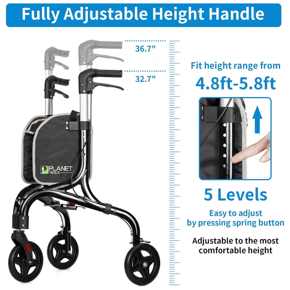 Encontraproduto.com.br - Planetwalk Andador Adulto Idoso com Apoio de Braço, Assento Acolchoado e Cesto, Suporta até 117 kg, Preto