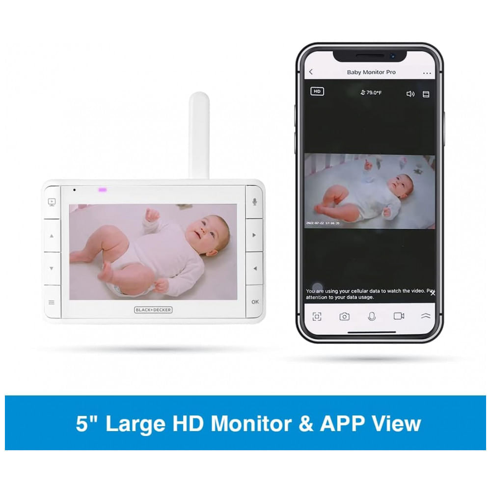 Encontraproduto.com.br - Babá Eletrônica Inteligente Black Decker Pro Full HD 1080P com Visão Noturna e Sensor de Temperatura