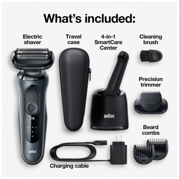 Encontraproduto.com.br - Barbeador Elétrico Masculino Portátil Braun 6075cc com com Aparador de Barba, SmartCare e Estojo de Couro, Preto