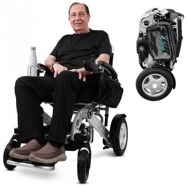 Cadeira de Rodas Elétrica Dobrável Reclinável para Adultos de até 160 kg, 600W, Sentire Med Deluxe, Prata