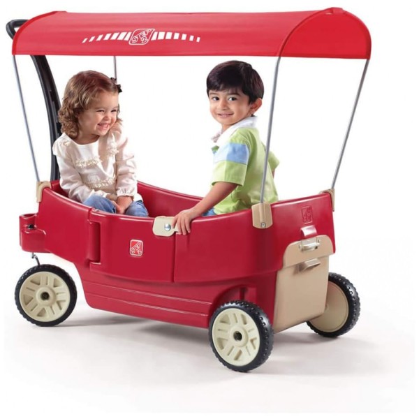 Encontraproduto.com.br - Carrinho de Passeio para 2 Crianças Multifuncional com Porta Objetos e Cobertura, até 90 kg, Step2, Vermelho