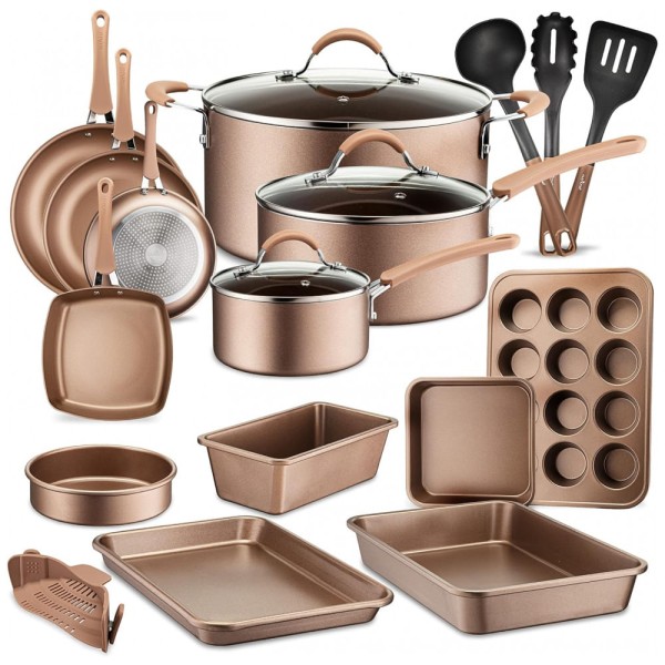 Conjunto de Panelas e Frigideiras Antiaderentes em Alumínio com Utensílios, 20 Peças, NutriChef NCCW20S, Dourado