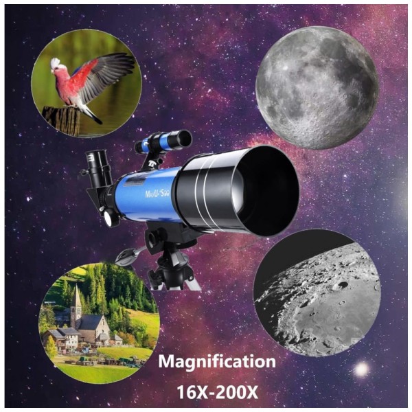 Encontraproduto.com.br - Telescópio Astronômico 16x200 com 4 Oculares de Ampliação e Adaptador de Telefone, MaxUSee F400X70, Azul
