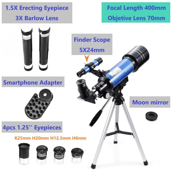 Encontraproduto.com.br - Telescópio Astronômico 16x200 com 4 Oculares de Ampliação e Adaptador de Telefone, MaxUSee F400X70, Azul